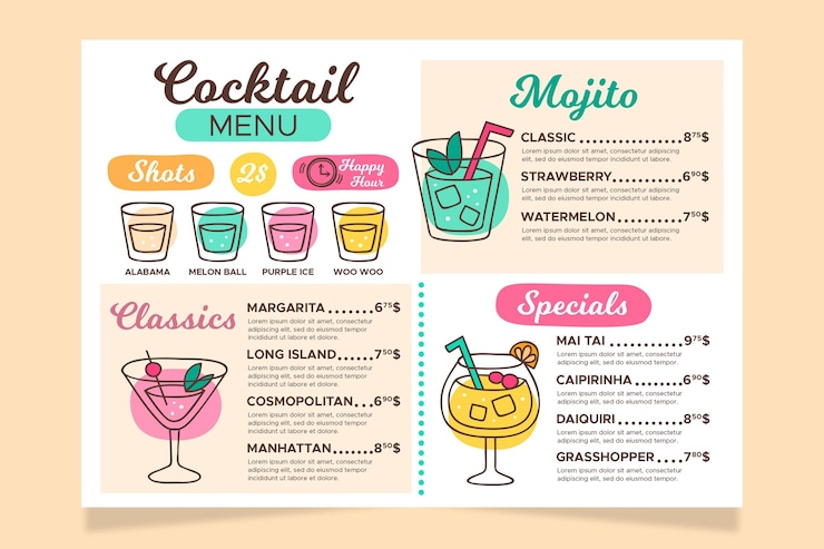 Vettore concetto di menu di cocktail