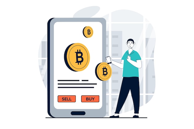 Concetto di mercato di criptovaluta con scena di persone in design piatto per il web Uomo che compra o vende bitcoin utilizzando un'app mobile online Illustrazione vettoriale per banner di social media materiale di marketing