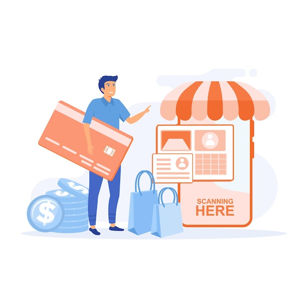 Concetto di metodi di pagamento, online tramite bonifico bancario elettronico. Pagamenti in contanti e elettronici, illustrazione moderna vettoriale piatta
