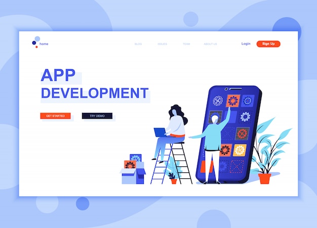 Concetto di modello di progettazione di pagina web piatto moderno di sviluppo app