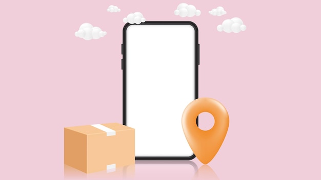 Concetto di monitoraggio della consegna Smartphone con scatola dei pacchi e puntatore mappa 3d icona vettore Acquisti online