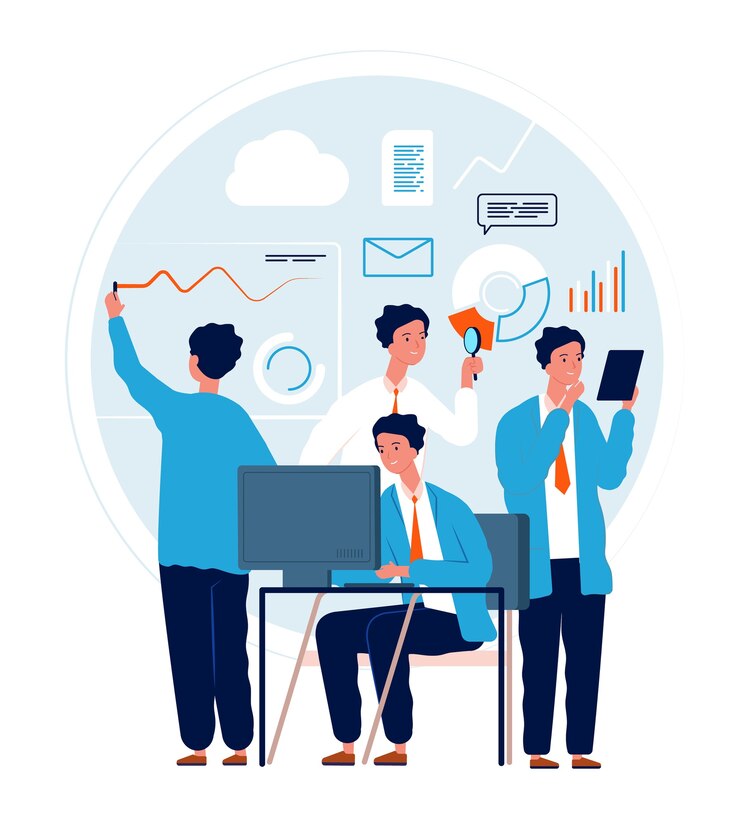 Vettore concetto di multitasking. uomo d'affari che fa diversi affari e obiettivi manager impegnato in azioni urgenti caratteri vettoriali. persona di lavoro impegnato multitasking, multi task di lavoro di illustrazione