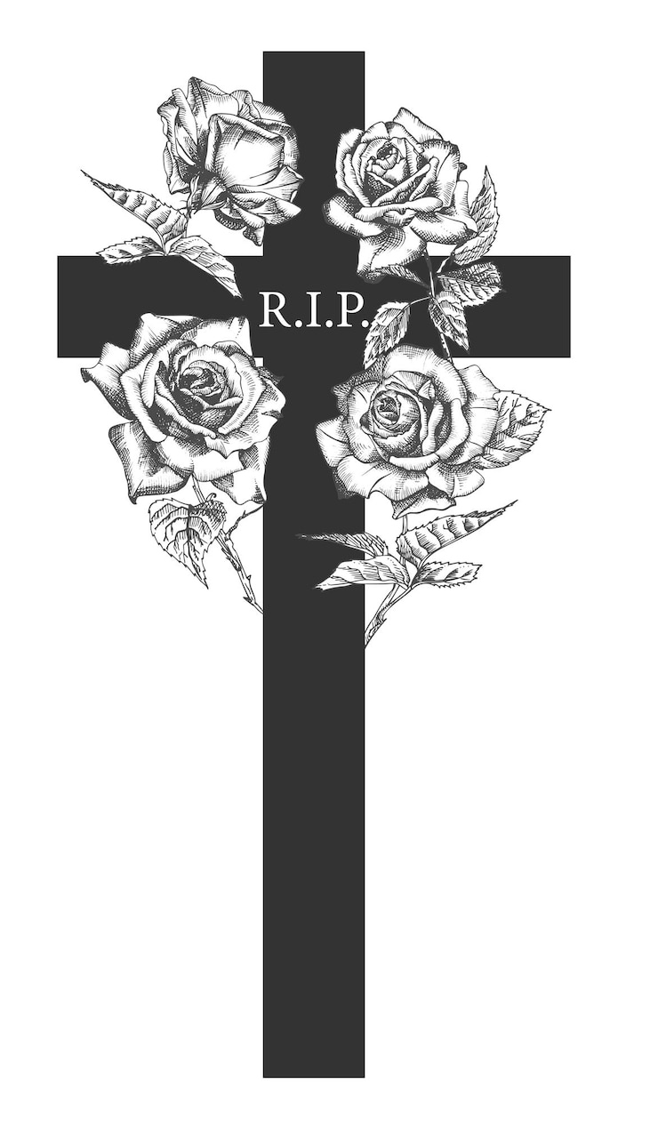 Vettore concetto di ornamento funebre con rose disegnate a mano e croce in colore nero isolato su bianco stile vintage inciso design moderno modello di sfondo per necrologio biglietto d'invito
