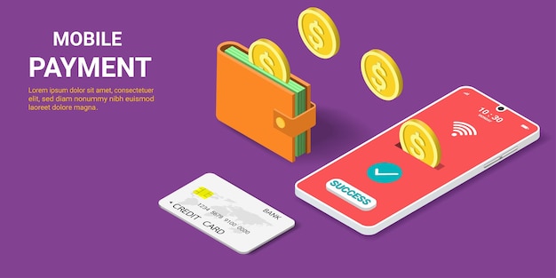 Concetto di pagamento online Trasferimento di denaro online dal portafoglio alla transazione finanziaria dello smartphone Denaro online Finanza aziendale del portafoglio digitale Illustrazione vettoriale isometrica