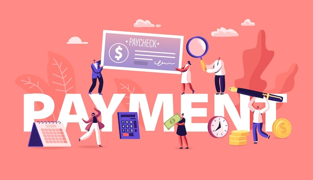 Concetto di pagamento. Persone che pagano denaro per servizi e prestiti bancari e crediti utilizzando contanti e stipendio. Cartoon illustrazione piatta