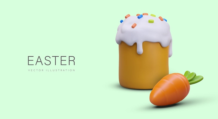 Vettore concetto di pasqua torta di pasqua con glassa e spruzzate colorate carote