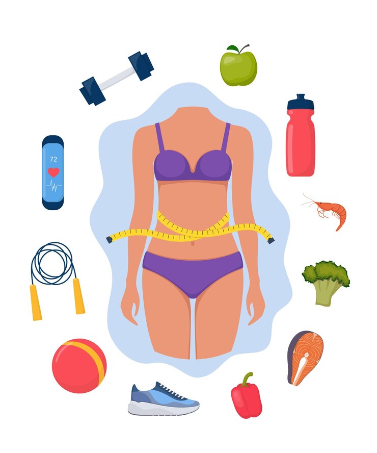 Vettore concetto di perdita di peso corpo sottile della donna in biancheria intima circondato da icone di uno stile di vita sano