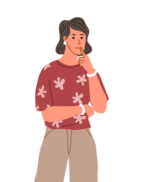 Concetto di persona pensosa Ragazza giovane premurosa Espressioni facciali e gesti emozioni Donna in abiti casual Modello e layout Illustrazione vettoriale piatta del fumetto isolata su sfondo bianco