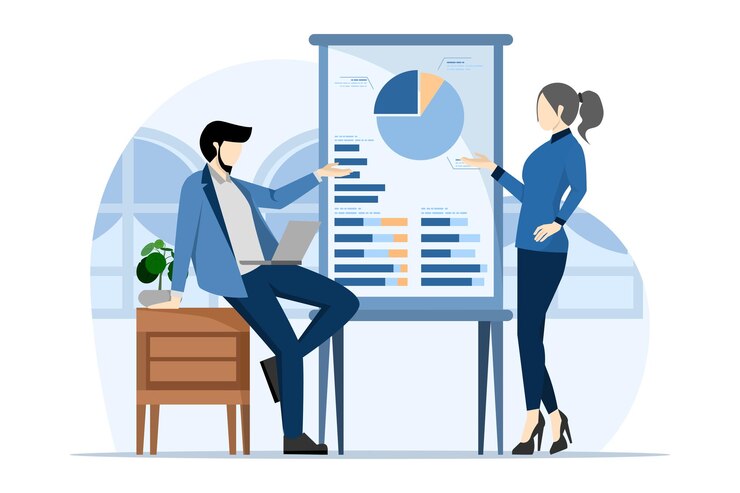 Vettore concetto di pianificazione della strategia aziendale con team che lavorano in ufficio a casa e in spazio di coworking