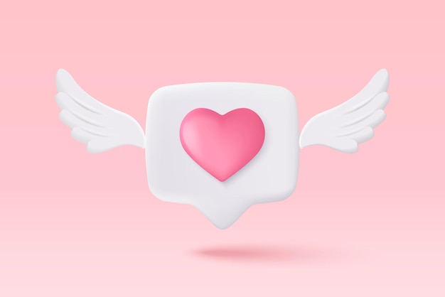 Concetto di piattaforma online di social media 3D comunicazione sociale online sull'applicazione Cornice per foto con icona emoji cuore e amore come e gioca in icona a forma di bolla Cuore 3d con ali concetto di rendering vettoriale