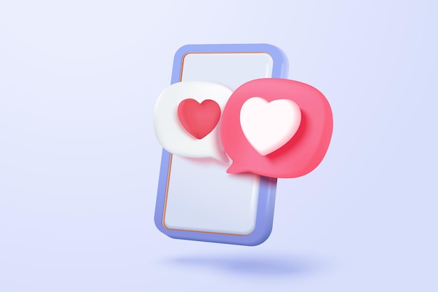 Concetto di piattaforma online di social media 3D comunicazione sociale online Telefono cellulare con icona emoji cuore e amore come e gioca in bolla rossa illustrazione di rendering vettoriale dell'icona dell'amante di San Valentino 3D