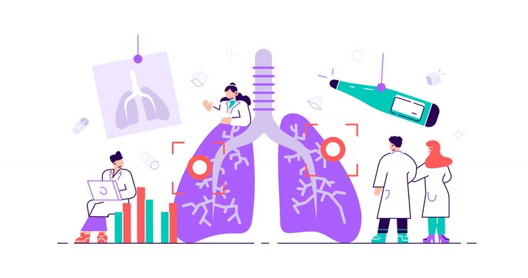 Concetto di pneumologia. Personale sanitario polmonare. Controllo di ispezione degli organi interni per malattia, malattia o problemi. Esame e trattamento astratti dell'apparato respiratorio. Illustrazione piatta piatta