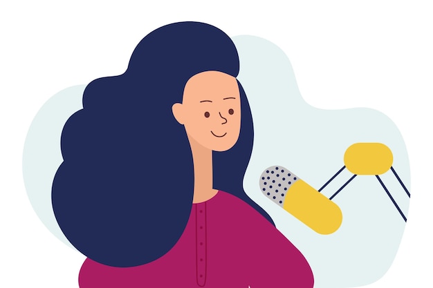 Concetto di podcast Un'illustrazione sul podcast Una ragazza che parla in un microfono e si siede
