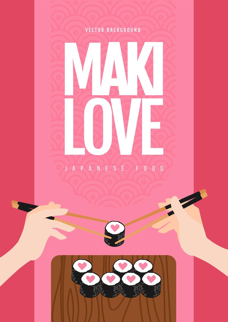 Vettore concetto di poster coppia ad un appuntamento in un sushi bar mani che tengono le bacchette rotolo di maki con il simbolo del cuore all'interno