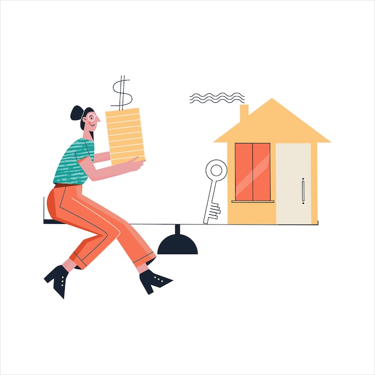 Vettore concetto di prestito ipotecario. investimenti in immobili. la giovane donna felice con la pila di monete compra una casa o un appartamento. illustrazione vettoriale piatta con personaggio femminile isolato su sfondo bianco