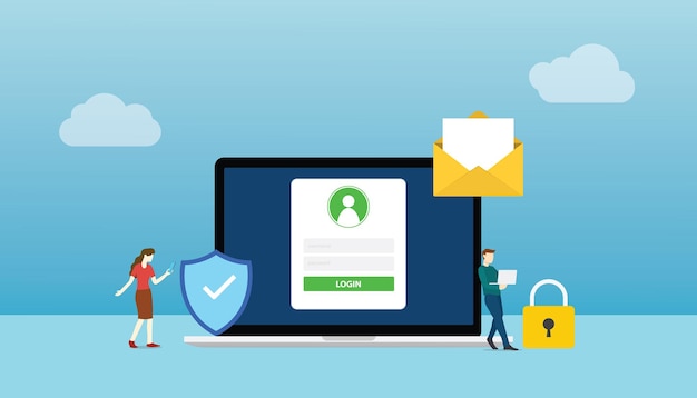 Concetto di privacy per la sicurezza dei dati personali con laptop e accesso all'account persone con illustrazione vettoriale in stile piatto moderno