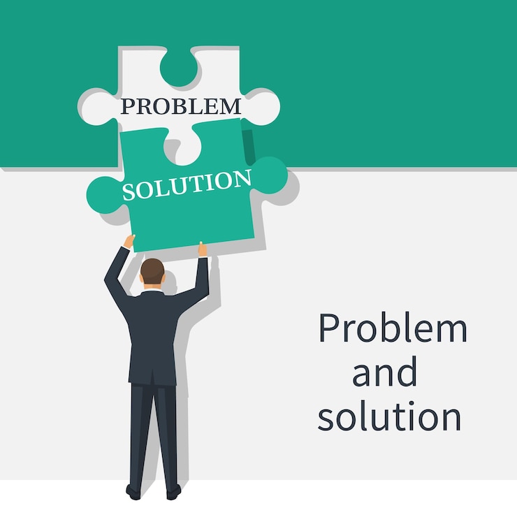 Vettore concetto di problema e soluzione uomo d'affari che tiene in mano un pezzo di puzzle concetto di business risoluzione dei problemi creativa illustrazione vettoriale design piatto isolato su sfondo bianco