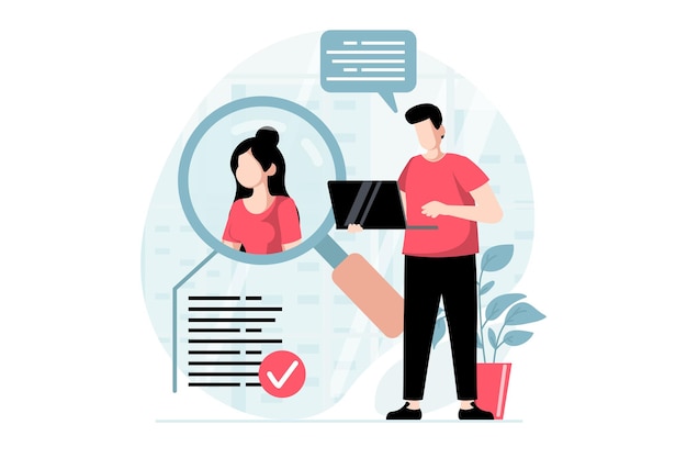 Concetto di processo di assunzione dei dipendenti con scena di persone in design piatto L'uomo che lavora come responsabile delle risorse umane in cerca di curriculum sceglie il miglior candidato per il personale Illustrazione vettoriale con situazione del personaggio per il web