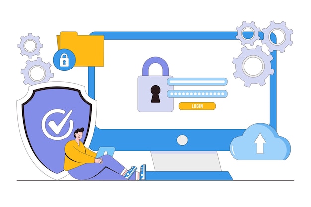 Concetto di protezione dei dati piatto con i personaggi delle persone Illustrazione vettoriale minima dello stile di design del profilo per le immagini degli eroi dell'infografica del banner web della pagina di destinazione