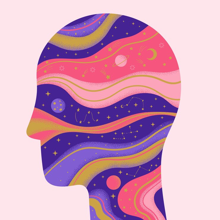Vettore concetto di psicologia della conoscenza di sé di meditazione sulla salute mentale profilo astratto del volto umano