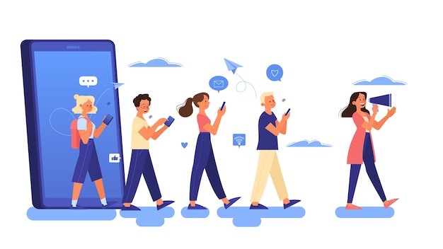 Concetto di pubblicità mobile. Strategia di marketing e promozione aziendale su Internet e sui social media. Contenuto in linea. illustrazione