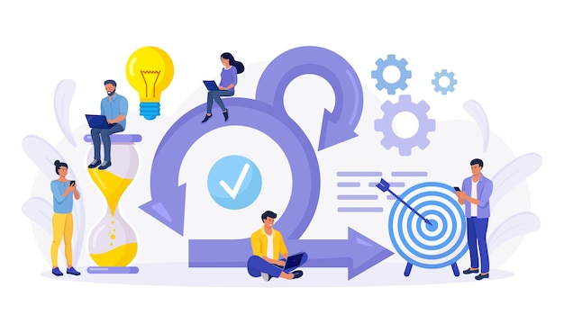 Concetto di quadro di mischia. Diagramma del processo Scrum come schema di sviluppo software agile. Squadra che discute le attività alla lavagna Kanban e lavora al laptop. Incontro di lavoro. Ciclo di lavoro della gestione del progetto