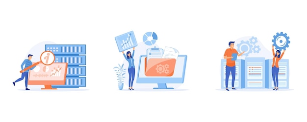 Concetto di raccolta e analisi delle informazioni, sistema informativo di gestione, gestione dei documenti soft, lavoro di big data, condivisione online, illustrazione moderna vettoriale piatta