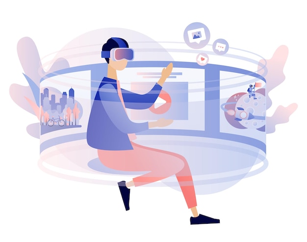 Concetto di realtà virtuale Piccolo ragazzo che usa occhiali per realtà virtuale VR cyberspace 360