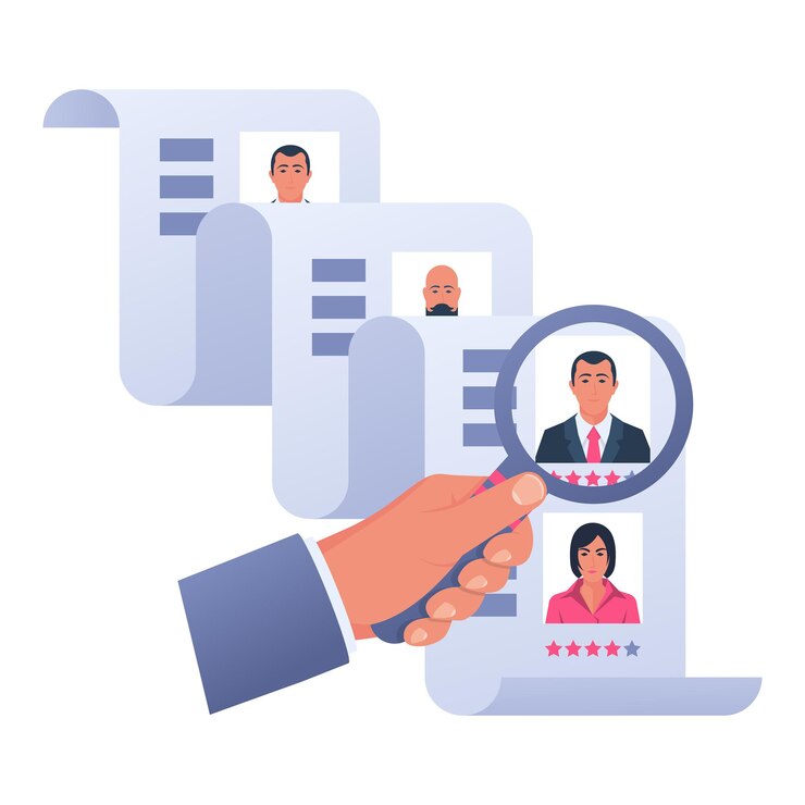Vettore concetto di reclutamento. risorse umane. il personale del curriculum di ricerca del datore di lavoro dell'uomo d'affari seleziona i candidati. design piatto illustrazione vettoriale. isolato su sfondo bianco. il cacciatore di teste tiene la lente d'ingrandimento.