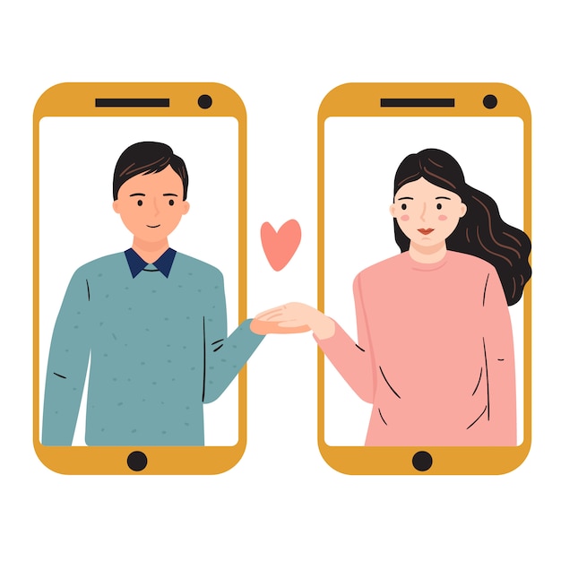 concetto di relazione interurbana. Giovane e donna che si tengono per mano in telefono differente. Illustrazione vettoriale disegnato a mano alla moda