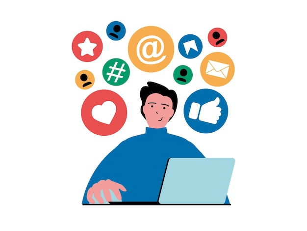 Concetto di rete sociale con situazione del personaggio L'uomo utilizza attivamente il profilo online comunica raccoglie i contenuti dei post di Mi piace sul laptop Illustrazione vettoriale con scena di persone in design piatto per il web