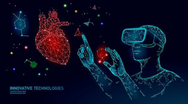 Concetto di ricerca di operazione di cardiologia di scienza. Occhiali VR per realtà virtuale a proiezione olografica. Illustrazione online di medico a distanza del laboratorio di analisi di salute del cuore della medicina futuristica