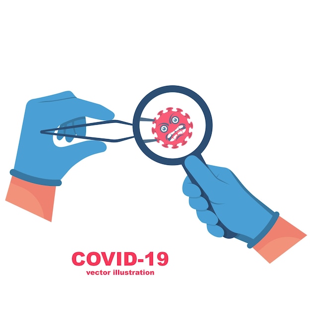 Concetto di ricerca sul coronavirus. Il medico tiene il batterio del coronavirus con una pinzetta. Personaggio comico. Design piatto illustrazione vettoriale. Test di laboratorio COVID-19. Ricerca di batteri con lente d'ingrandimento.