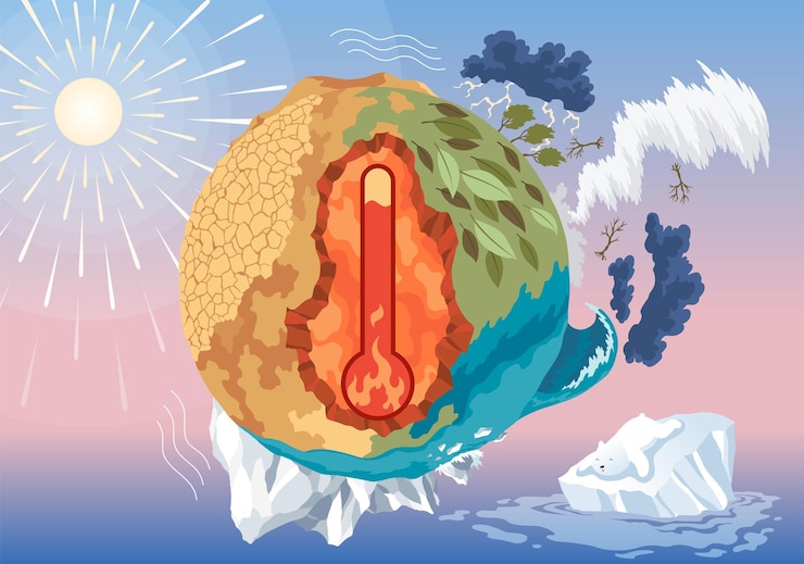 Vettore concetto di riscaldamento globale con termometro cambiamento climatico e tema di urgenza ambientale perfetto per