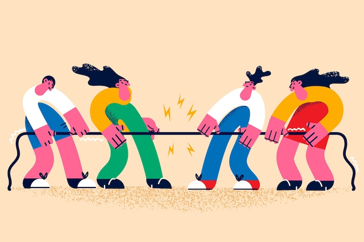 Vettore concetto di rivalità, competizione e sfida sportiva. gruppo di persone personaggi dei cartoni animati che fanno gara di rivalità combattendo con la corda l'uno con l'altro in competizione illustrazione vettoriale di combattimento