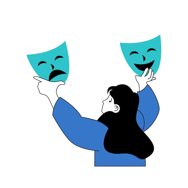 Concetto di salute mentale con persone dei cartoni animati in design piatto per il web Donna che sceglie tra maschere teatrali tristi e felici come volto sociale Illustrazione vettoriale per materiale di marketing banner sui social media