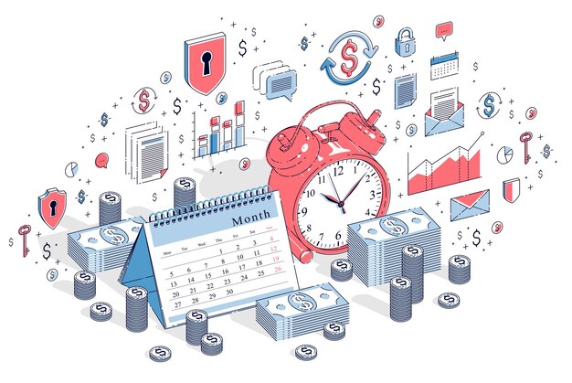 Concetto di scadenza, sveglia da tavolo e calendario con pile di denaro contante isolate su sfondo bianco. Illustrazione isometrica di affari di vettore 3d con icone, grafici di statistiche ed elementi di design.