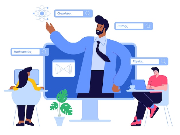 Concetto di scena di formazione online Insegnante che tiene lezione dallo schermo del computer Studenti e studentesse studiano diversi argomenti matematica chimica fisica storia Illustrazione dei caratteri vettoriali