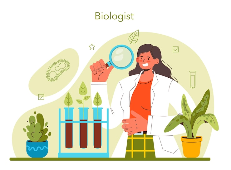 Vettore concetto di scienza di biologia. scienziato effettua analisi di laboratorio del sistema vitale e degli organismi viventi. ricercatore in botanica e zoologia. illustrazione vettoriale piatta