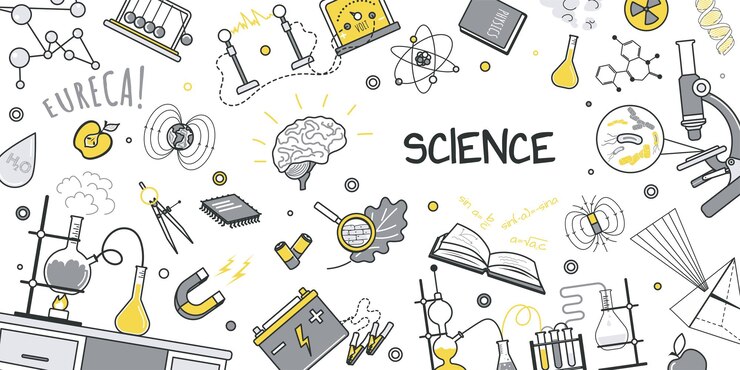 Vettore concetto di scienza per la progettazione di banner con motivo a forma di doodle di linea piatta struttura del disegno a mano con attrezzatura di laboratorio matraccio per provetta chimica fisica microscopio illustrazione vettoriale per il web