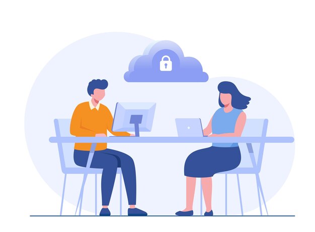 Concetto di server dati Tecnologia di archiviazione database di sistema cloud Modello di scena di persone Illustrazione vettoriale con attività di carattere in design piatto per il data center della cartella del sito Web