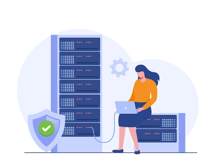 Vettore concetto di server dati tecnologia di archiviazione database di sistema cloud modello di scena di persone illustrazione vettoriale con attività di carattere in design piatto per il data center della cartella del sito web