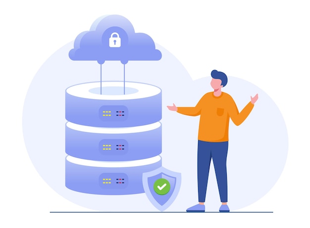 Concetto di server dati Tecnologia di archiviazione database di sistema cloud Modello di scena di persone Illustrazione vettoriale con attività di carattere in design piatto per il data center della cartella del sito Web