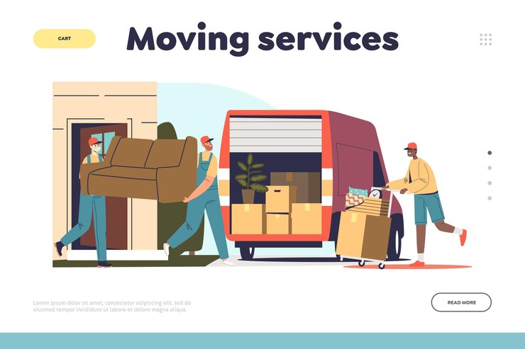 Vettore concetto di servizi di spostamento della pagina di destinazione con caricatori di lavoratori che caricano mobili e scatole su camion