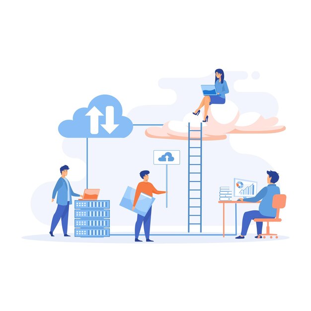 concetto di servizio di cloud computing di archiviazione di tecnologia aziendale, illustrazione moderna di vettore piatto