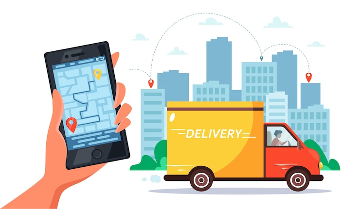 Vettore concetto di servizio di consegna in camion, corriere che guida in camion, mano che tiene smartphone con monitoraggio online.