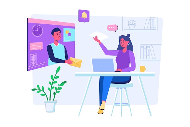 Concetto di servizio di posta elettronica con scena di persone per il web L'uomo fa pubblicità alla donna La donna riceve e-mail online con informazioni promozionali sul suo laptop Illustrazione vettoriale in un design prospettico piatto
