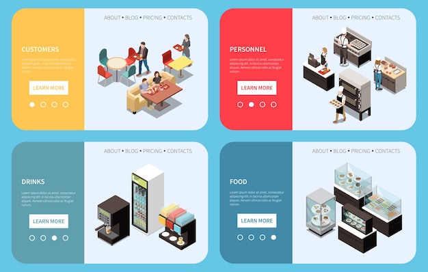 Concetto di servizio di ristorazione 4 pagine Web isometriche impostate con le posizioni dei clienti, il personale, le scelte del menu delle bancarelle, l'illustrazione vettoriale