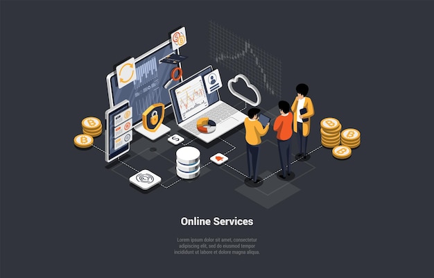 Concetto di servizio online Agente del servizio clienti femminile che parla con il cliente Assistenza clienti online e helpdesk Scene individuali per l'assistente del supporto tecnico Illustrazione vettoriale 3d isometrica