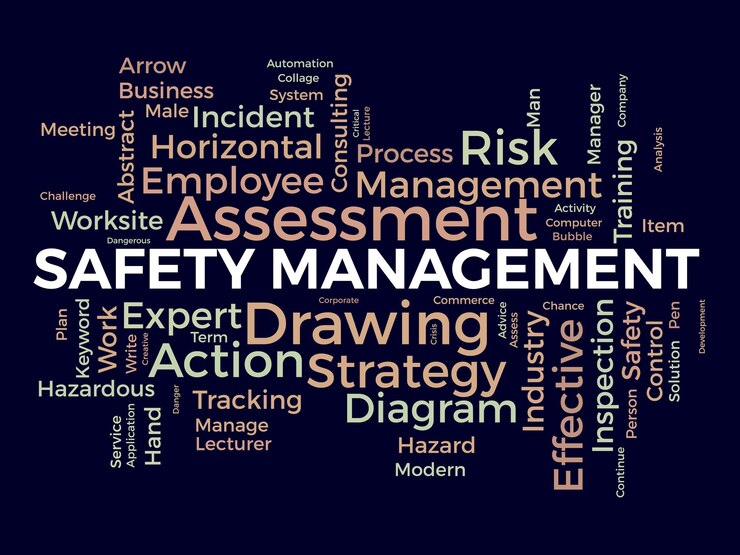 Vettore concetto di sfondo di nuvola di parole per la gestione della sicurezza diagramma di consulenza strategica per un'illustrazione vettoriale di ispezione aziendale efficace